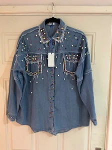 New Made in Italy Lagenlook Blue Denim Pearl/Crystal Shacket - One Size BNWT - Picture 1 of 15