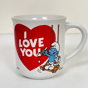 Vtg 80s SMURF I LOVE YOU MUG Happy Valentine's Day The Smurfs Red Heart 1982 - Picture 1 of 8