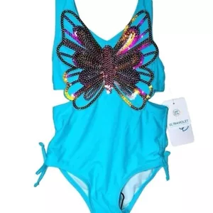 Flapdoodles Little Girls 1 Piece Sequin Butterfly Cut Out Swim Suit Aqua Blue 2T - Picture 1 of 5