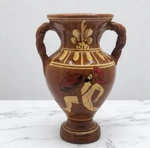 Greek Pottery Vase Signed Made in Greece Warrior Scene Terra Cotta Amphora Style - Picture 1 of 9