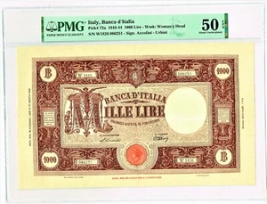Italy Banco d'Italia 1000 Lire 10.8.1943 Pick 72a PMG About Uncirculated 50 EPQ - Picture 1 of 2