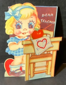 VTG Valentine Card Pretty Girl at Chalkboard Dear Teacher Desk With Apple Be My - Picture 1 of 3