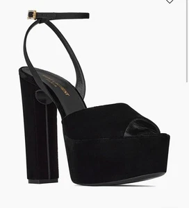 SAINT LAURENT 1150$ JODIE Black Platform Sandals - Velvet Peep-Toe Strass Buckle - Picture 1 of 2