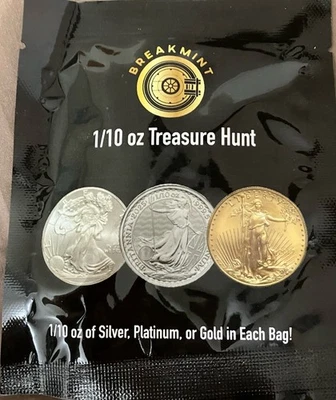 Bolso misterioso sellado Breakmint Treasure Hunt 1/10 oz oro, platino o plata Foto 1 de 2