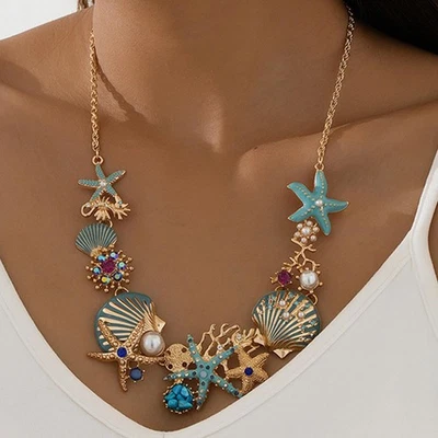 Seestern-Muschel-Halskette, Perlen, Strand, nautische Statement-Schmuckkette - Bild 1 von 4