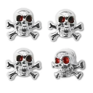 Chrome Skull w/ Red Eyes & Cross Bones Tire Valve Stem Caps Covers Car Set of 4 - Picture 1 of 4