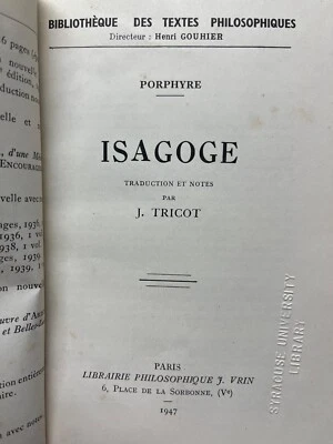 Isagoge Traduction Et Notes translated  by  J. Tricot (1947 ex-library ) - Image 1 of 3