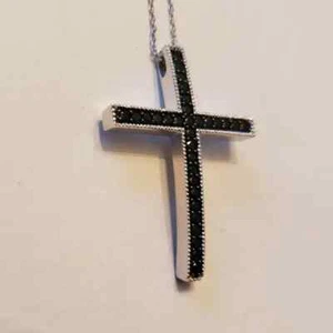 Sterling Silver Black Rhinestone Cross Necklace 925 - Picture 1 of 6