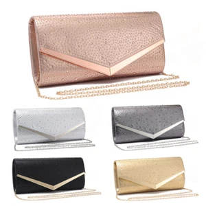 Women's Envelope V Shape Shiny Glitter Clutch Shoulder Handbag Party Evening Bag - Picture 1 of 17