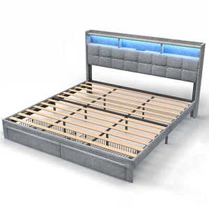 King Size Bed Frame , Upholstered Headboard, and 2 Drawers, Linen Upholstered Pl - Picture 1 of 12