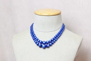 Vintage Double-Strand dark Blue Beaded Necklace With Metal Box tab insert Clasp - Picture 1 of 5