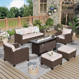 Fire Pit Table Wicker Rattan Patio Furniture Set Outdoor Conversation Sofa Sets - Picture 1 of 9