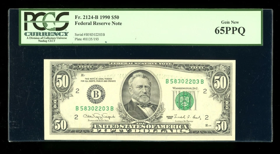 DBR 1990 $50 FRN New York Gem Fr. 2124-B PCGS 65 PPQ Serial B58302203B - Image 1 of 2