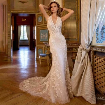 Halter Wedding Dresses Backless Lace Appliques Mermaid Sleeveless Bride Gowns - Image 1 of 4
