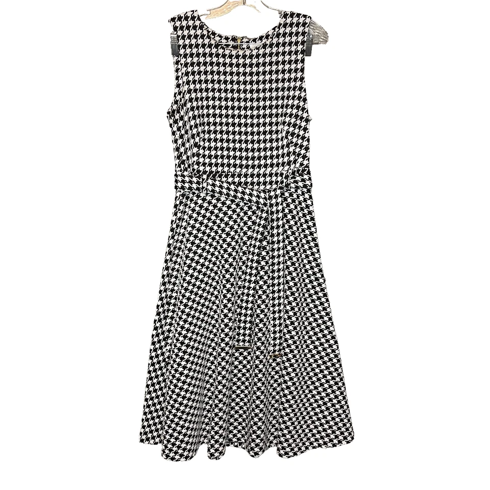 Vestido midi elástico con cinturón línea A mono pata de gallo clásico de Calvin Klein para mujer 10 Foto 1 de 4