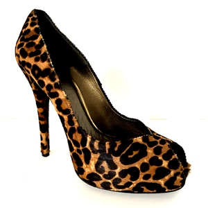 Stuart Weitzman Peep Toe Pump Calf Hair Pony Brown Platform Leo Cheetah Heel 8 - Picture 1 of 11