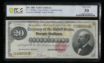 SC 1882 $20 Fr.1178 Gold Certificate Small Red Seal PCGS 30 VF (092) - Image 1 of 3