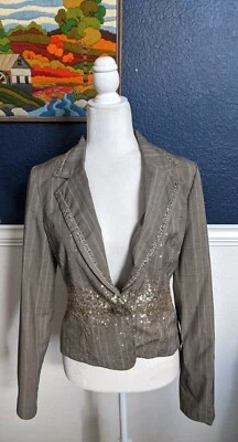 Baisers Rouge Gray Plaid w/ Gold Sequins Button Blazer Jacket Sz 6 Small S - Image 1 of 4