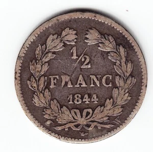 FRANCE ½ Franc 1844-W KM741.13 Ag.900 Louis Philippe I Lille Uncleaned SCARCE - Picture 1 of 2