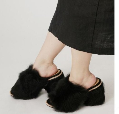 Sandali UGG Rosa Fluff neri pelliccia di agnello pelliccia tacco grosso slide taglia 5