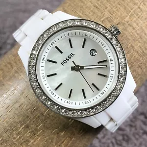 Fossil Women ES2437 Pave Date White Ceramic Round 31mm Quartz Watch 6 1/4" - Picture 1 of 13
