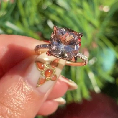 Anillo de compromiso de boda de morganita natural cojín de 3,65 quilates en oro rosa sólido de 14 quilates Foto 1 de 4