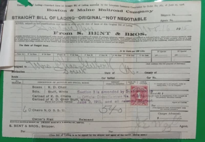 ~BOSTON&MAINE RAILROAD BILL OF LADING~ORIGINAL~1915~W/ R196 STAMP~S.BENT&BRO'S~ - Image 1 of 4