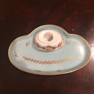 Limoges desk plate Inkwell Pen Holder turquoise handpainted A.J.C. - Picture 1 of 7