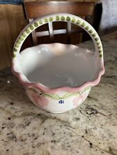 Milk Glass Hand Painted Basket Vase, 9.5in tall 6in wide, Easter