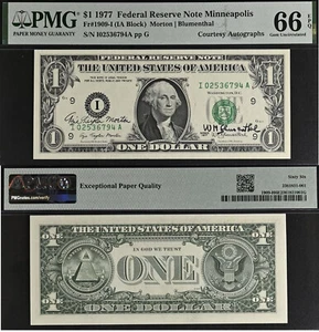 1977 $1 Federal Reserve Note - PMG 66EPQ - Dual Autograph - Morton / Blumenthal - Picture 1 of 3
