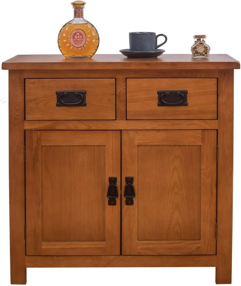 Brown OAK Mini Sideboard with 2 Doors 2 Drawers OAK Buffets Cabinet 75cm - Image 1 of 4