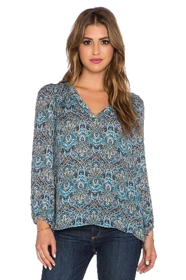 JOIE Avonmora Blue Tile Print Vneck Boho 100% Silk Blouse Peasant Top XS $268 - Image 1 of 4