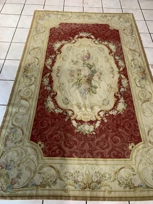 Vintage French Aubusson Wool Area Rug Rose Floral Burgundy Large 8’x5’ Gorgeous - Image 1 of 4