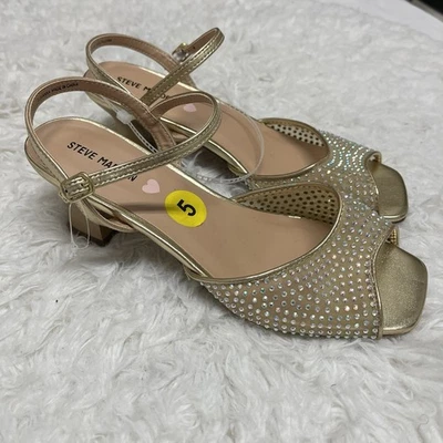 Sandalias Steve Madden Niñas Tono Dorado Talla 5 Embellecidas Estrás Tacón Cubano Foto 1 de 4