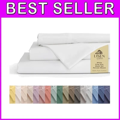 Juego de sábanas de percal de algodón tamaño king de lujo en blanco Foto 1 de 4