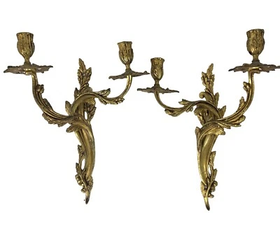 Spanish Hollywood Regency Vintage Wall Candle Sconces In Gilt Metal & Brass PAIR - Image 1 of 4