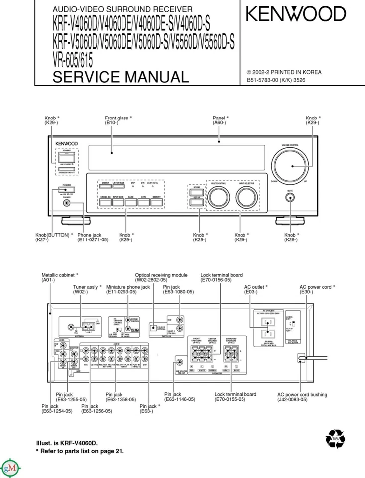 Manuale Di Servizio Per Kenwood KRF-V4060, KRF-V5060, KRF-V5560, VR-605, 615 - Immagine 1 di 1