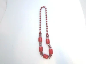 Vtg Cute Chunky Matte silver Faux Red Coral  Beaded Statement Necklace - Picture 1 of 6