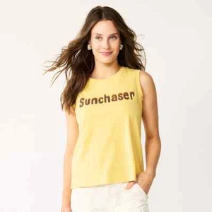Camiseta sin mangas Sunchaser amarilla muscular talla L diosa del sol cumpleaños verano diversión Sonoma nueva - Imagen 1 de 1