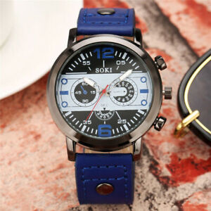 Fashion Sport Men's Stainless Steel Case Leather Band Quartz Analog Wristwatch