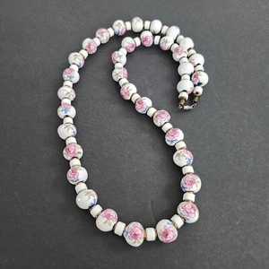 Vtg Chinese Porcelain Beads Necklace Hand Painted Rose Brass Spacers 28" Long  - Picture 1 of 12