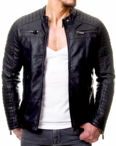 CHAQUETA DE MOTOCICLISTA REAL CAFÉ RACER VINTAGE NEGRA DE CUERO GENUINO AJUSTADA PARA HOMBRES - Imagen 1 de 9