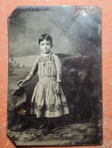 Tin Type Photo Young Victorian Boy in Dress 3.5"x2 3/8" Circa 1870-80's - Picture 1 of 6