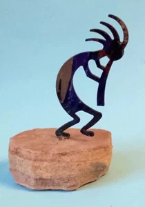 KOKOPELLI Lazart Enameled Metal Art Figure Southwest on Sandstone Rock 4” High - Picture 1 of 7