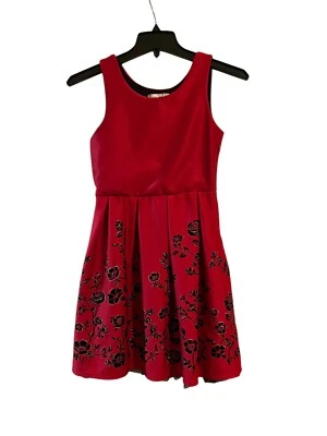 Knit Works Red Pleated Dress GIRLS 12 Sleeveless with Black Ruffle Trim Lined - Image 1 of 4