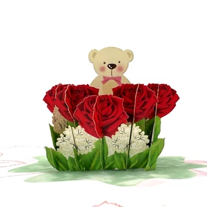 Pop Up Greeting Card Roses Teddy Bear Card, Birthday Card, Gift for Kid, Thank y - Picture 1 of 7