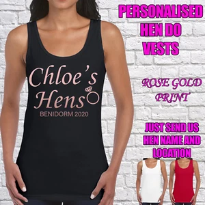 LADIES HEN DO VEST TOPS WOMENS HEN PARTY PERSONALISED PRINTED VESTS GIRLS (D9) - Picture 1 of 4