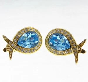 Pendientes con clip vintage de 1" Marvella azul y estrás transparente en tono dorado - Imagen 1 de 5