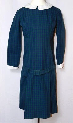 复古 20 世纪 50 年代 60 年代垂腰蓝色绿色格子连衣裙带 Peter Pan 领 — 第 1/4 张图片