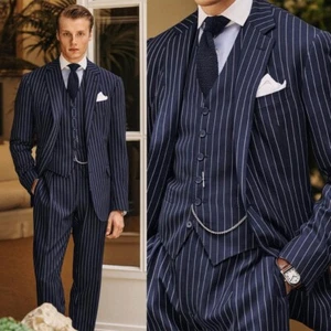 Marineblaue Britische Stil Bräutigam Gestreifte Anzüge 3-Stücke Slim für Männer - Bild 1 von 11